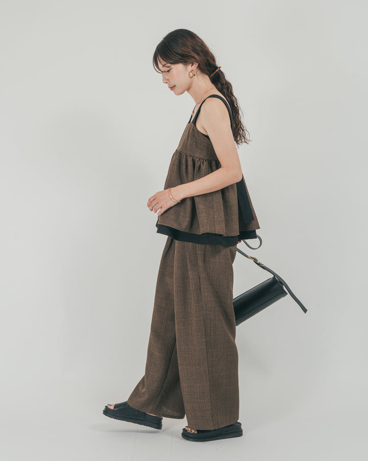 ［SET］スラブTweedバイカラーティアードキャミ + スラブTweedタックワイドパンツ（2SET）