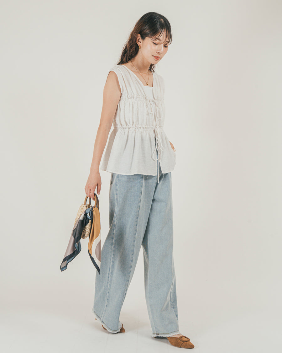 ［SET］リネンタッチShirringリボンブラウス + 10oz ニュアンスバイカラー リラックスワイドデニム（2SET）