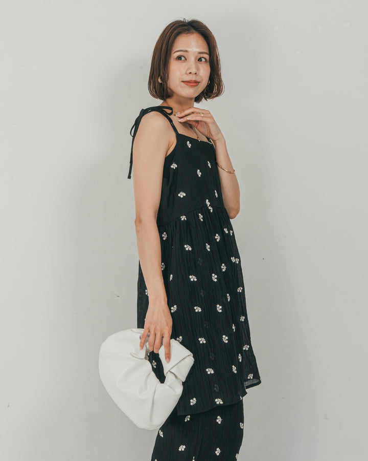 ［SET］ショルダーリボン刺繍Veilキャミ + 刺繍 Veilロングパンツ（2SET）