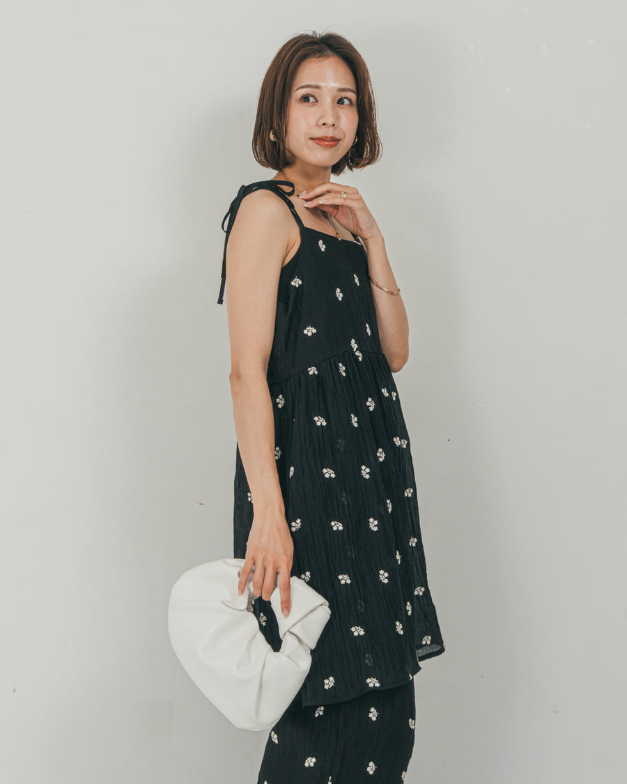 ［SET］ショルダーリボン刺繍Veilキャミ + 刺繍 Veilロングパンツ（2SET）