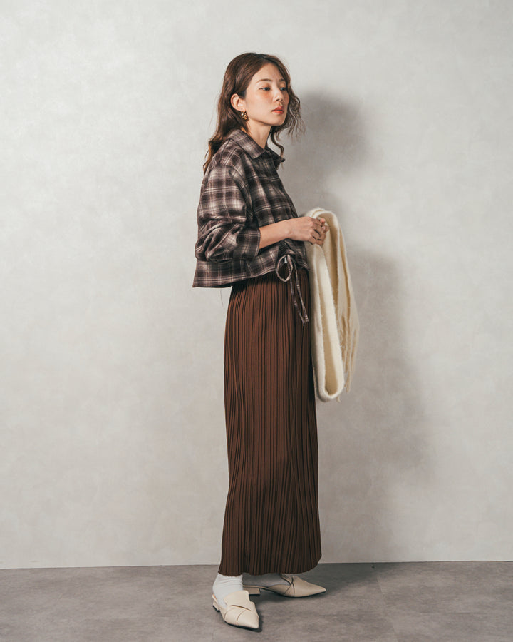 ［SET］裾ドロストクロップドチェックシャツ+プリーツNarrowロングスカート（2SET）