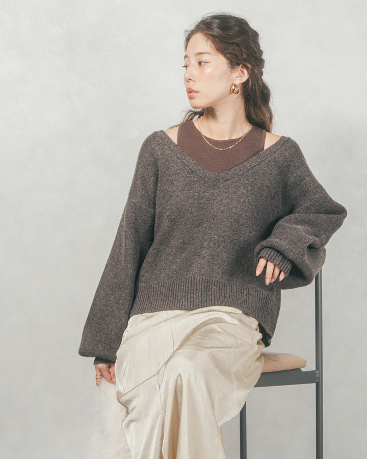 メランジVネックニットレイヤードセット (BROWN x DARK BROWN)