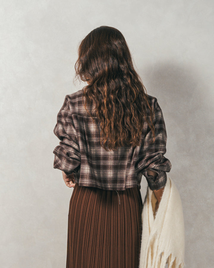 ［SET］裾ドロストクロップドチェックシャツ+プリーツNarrowロングスカート（2SET）