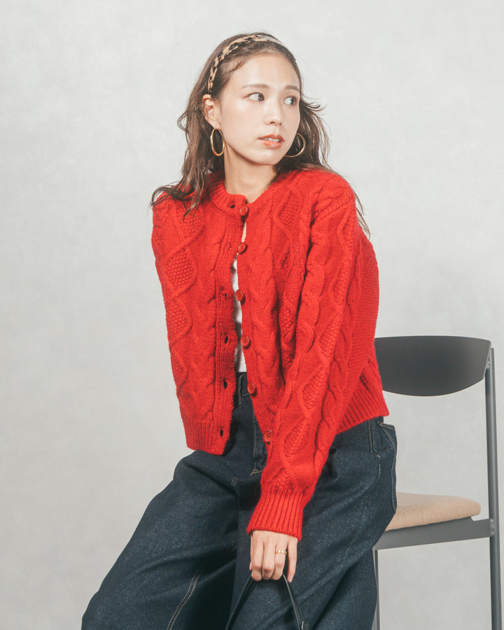 ケーブルKnitクルーカーディガン (RED)