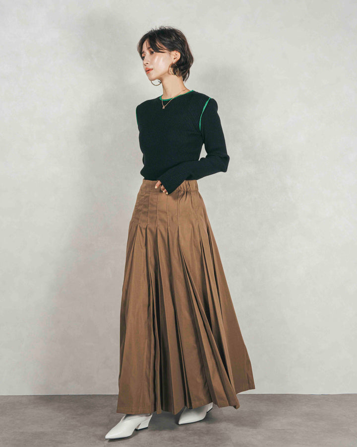 ［SET］バイカラークルーネックニットトップス+W-Tuckプリーツロングスカート（2SET）