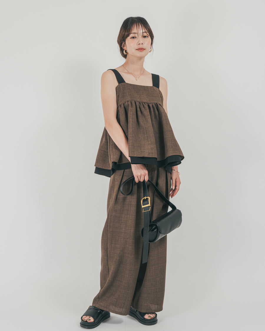 ［SET］スラブTweedバイカラーティアードキャミ + スラブTweedタックワイドパンツ（2SET）