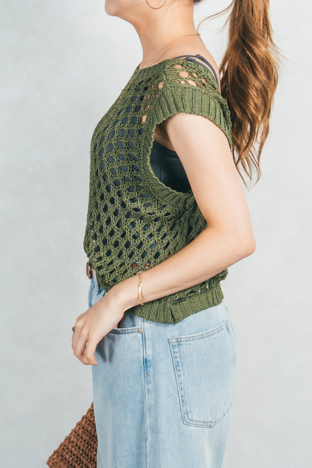 2-Way Uネックメッシュニットベスト (GREEN)
