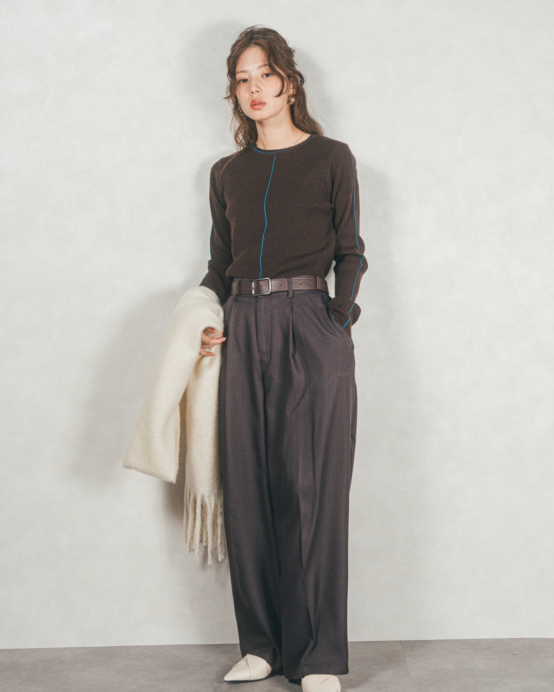 ［SET］Line Rib クルーネックニット+メランジチェックStraightパンツ（2SET）