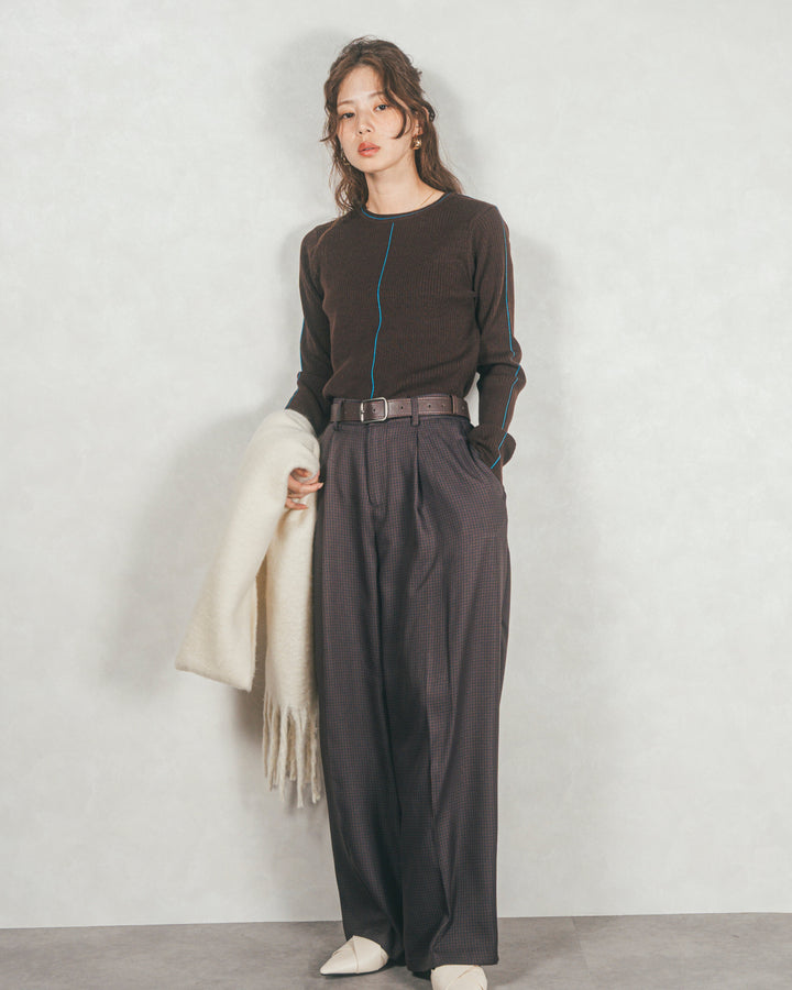 ［SET］Line Rib クルーネックニット+メランジチェックStraightパンツ（2SET）