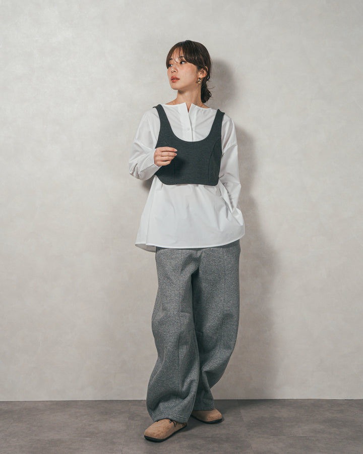 ［SET］カットビスチェxブラウス レイヤードSET+Relax 裏起毛カーブパンツ（2SET）