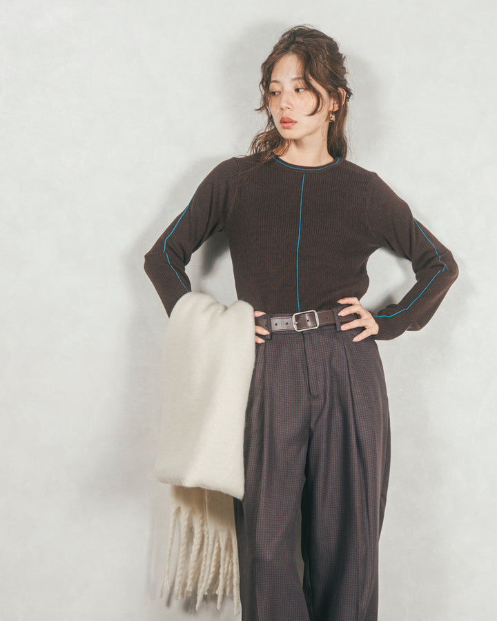 ［SET］Line Rib クルーネックニット+メランジチェックStraightパンツ（2SET）