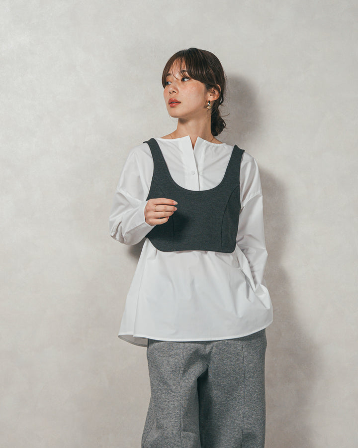 ［SET］カットビスチェxブラウス レイヤードSET+Relax 裏起毛カーブパンツ（2SET）