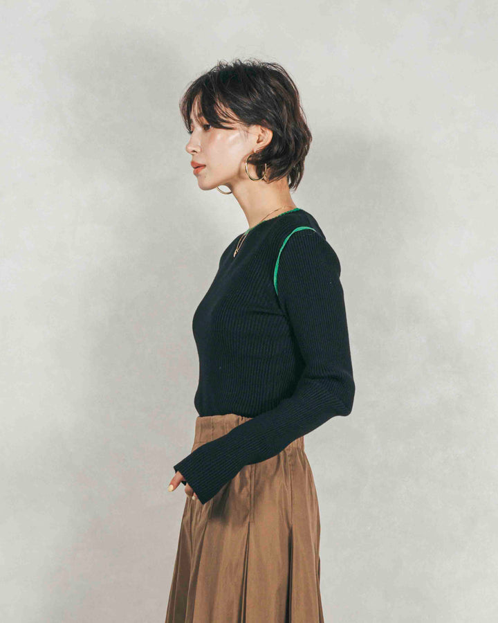 ［SET］バイカラークルーネックニットトップス+W-Tuckプリーツロングスカート（2SET）