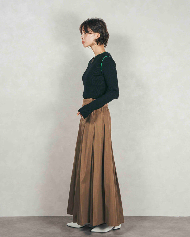 ［SET］バイカラークルーネックニットトップス+W-Tuckプリーツロングスカート（2SET）