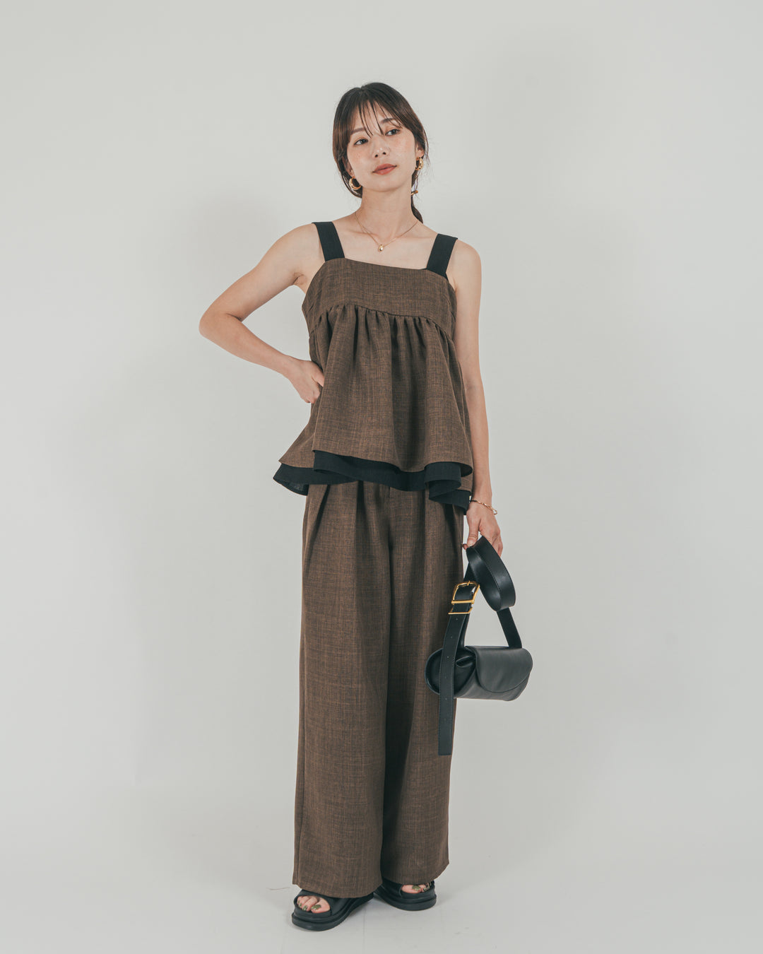 スラブTweedタックワイドパンツ