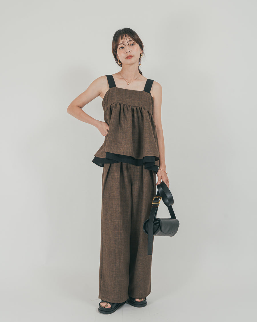 ［SET］スラブTweedバイカラーティアードキャミ + スラブTweedタックワイドパンツ（2SET）