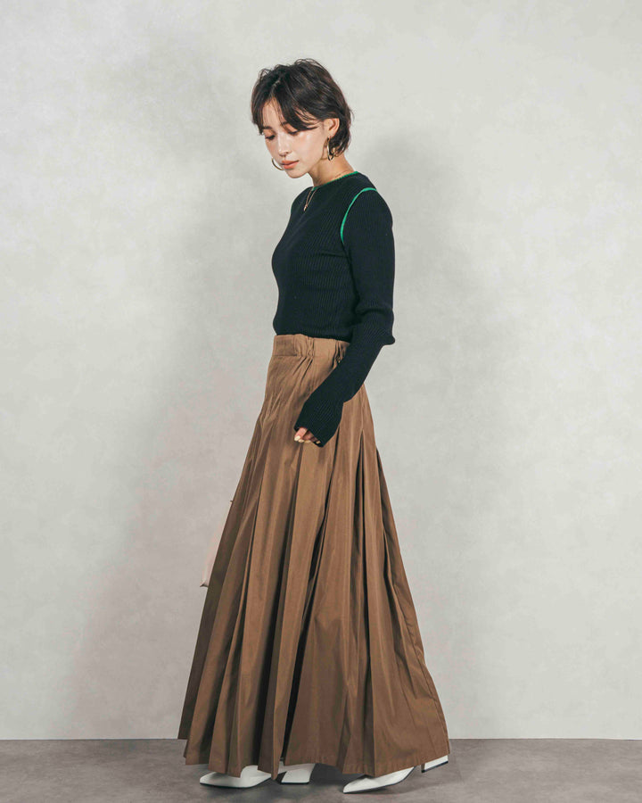 バイカラークルーネックニットトップス (BLACK x GREEN)