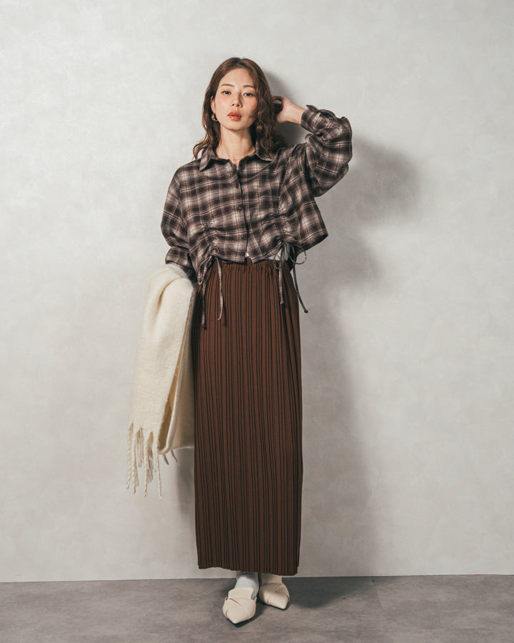 ［SET］裾ドロストクロップドチェックシャツ+プリーツNarrowロングスカート（2SET）