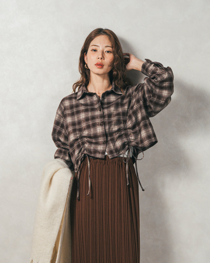 ［SET］裾ドロストクロップドチェックシャツ+プリーツNarrowロングスカート（2SET）