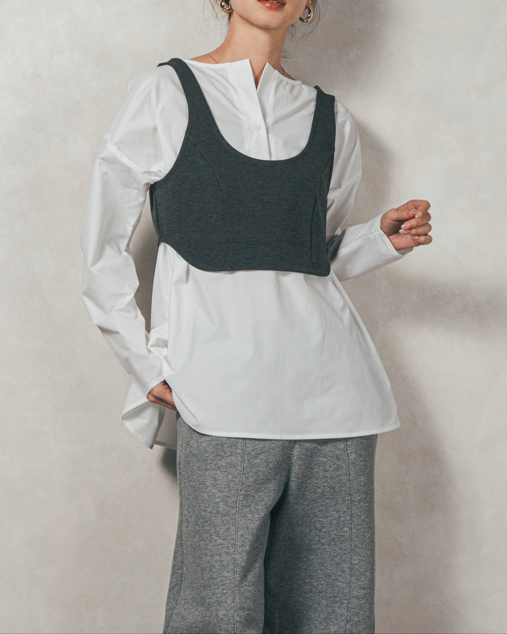 ［SET］カットビスチェxブラウス レイヤードSET+Relax 裏起毛カーブパンツ（2SET）