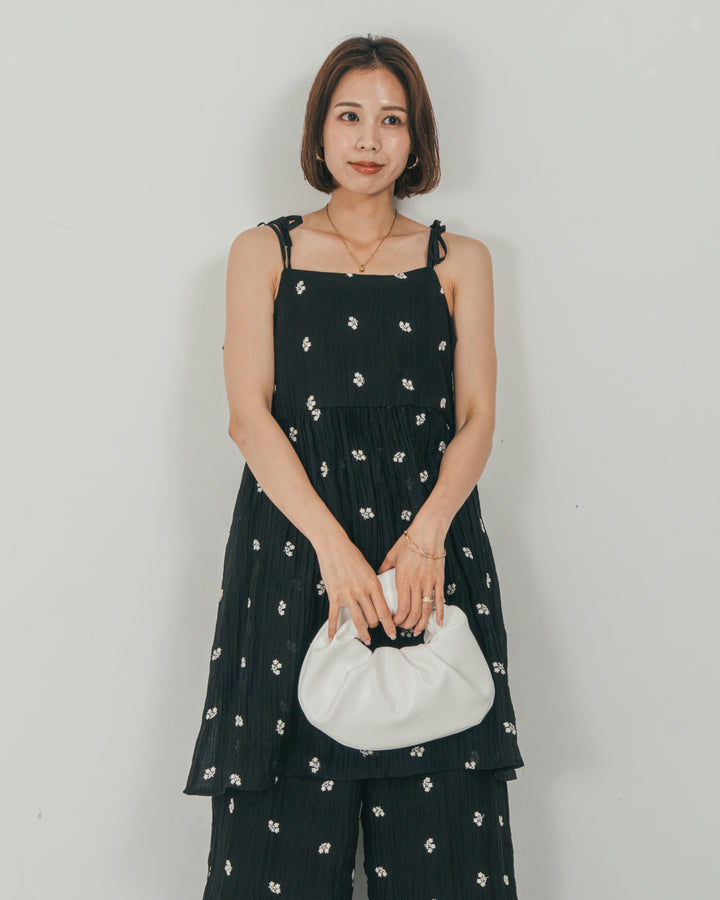 ［SET］ショルダーリボン刺繍Veilキャミ + 刺繍 Veilロングパンツ（2SET）