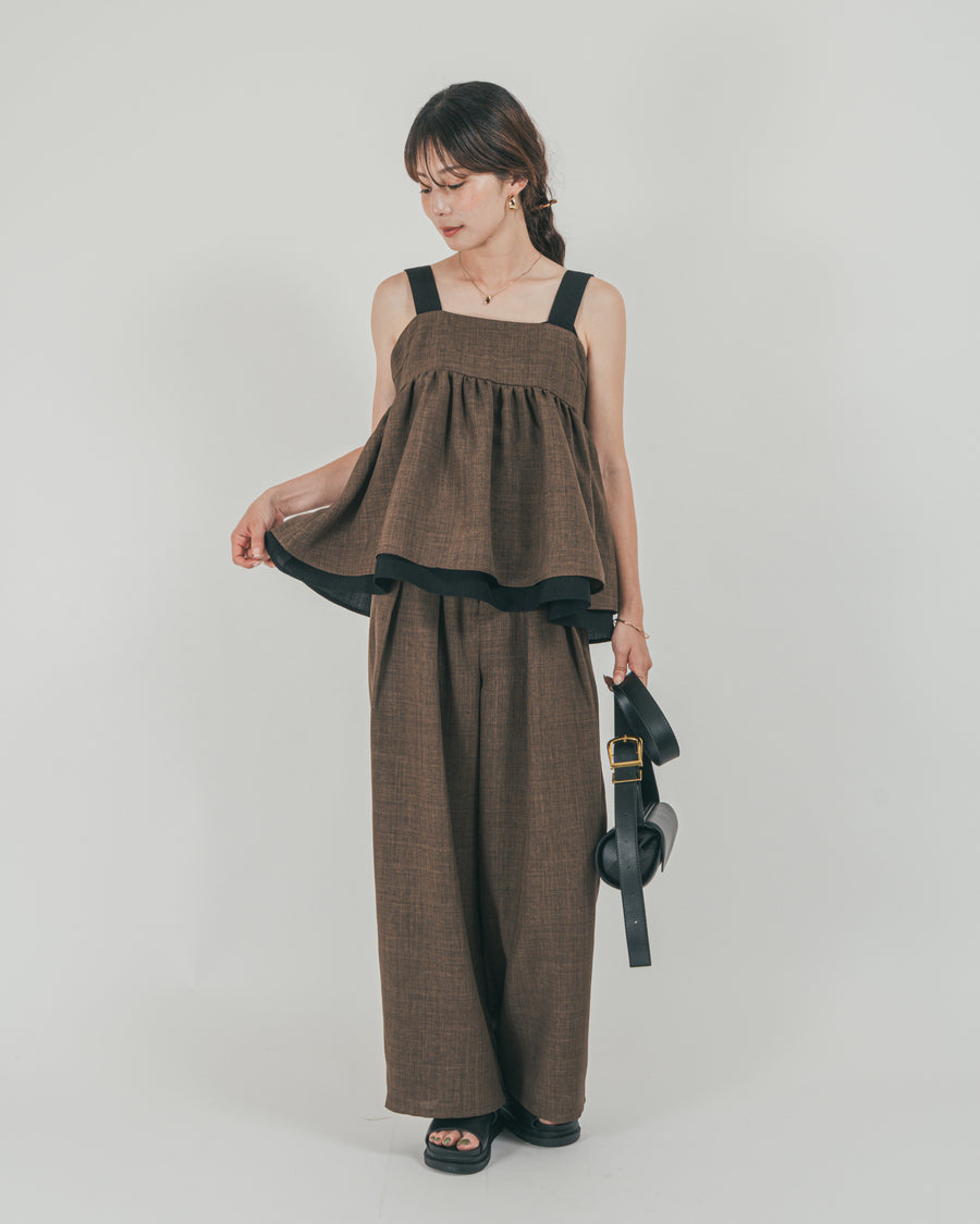 ［SET］スラブTweedバイカラーティアードキャミ + スラブTweedタックワイドパンツ（2SET）