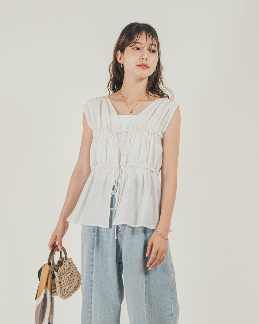 ［SET］リネンタッチShirringリボンブラウス + 10oz ニュアンスバイカラー リラックスワイドデニム（2SET）