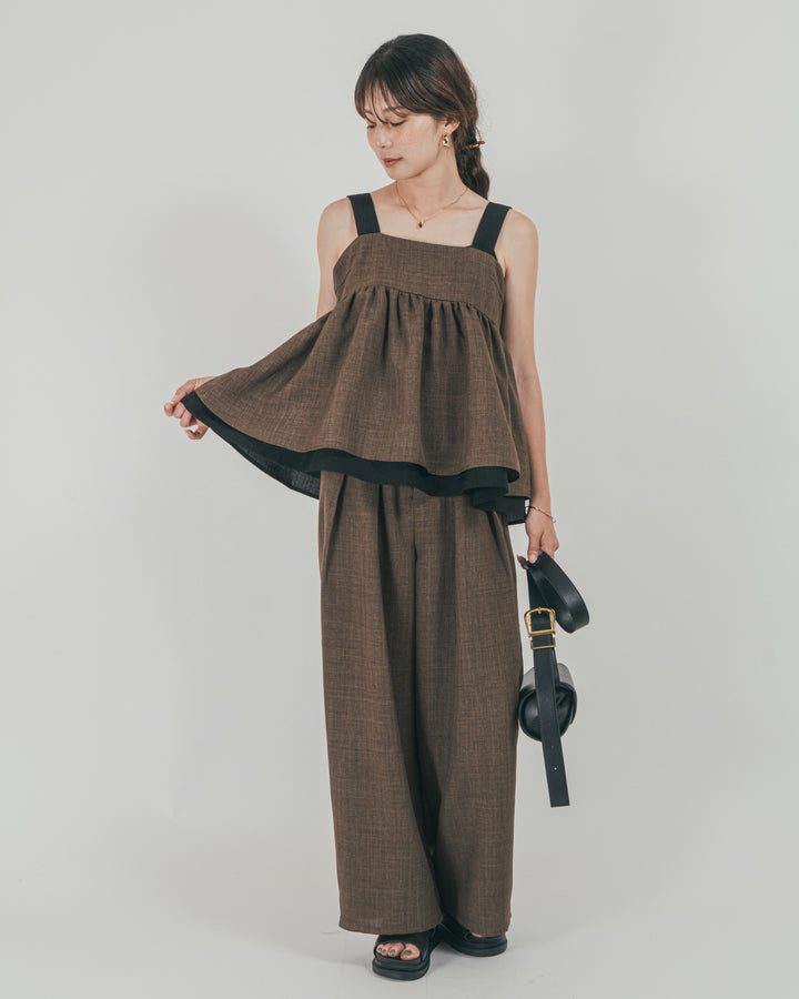 ［SET］スラブTweedバイカラーティアードキャミ + スラブTweedタックワイドパンツ（2SET）