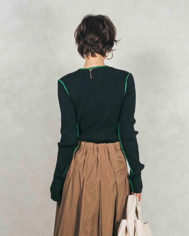 ［SET］バイカラークルーネックニットトップス+W-Tuckプリーツロングスカート（2SET）