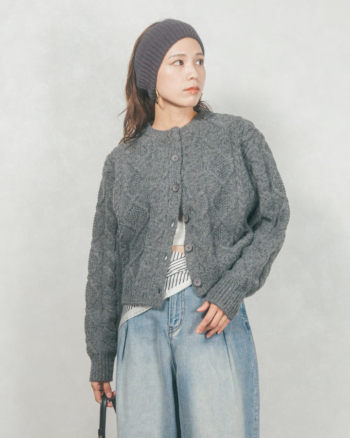 ［SET］ケーブルKnitクルーカーディガン+ワイドTuckイージーデニム（2SET）