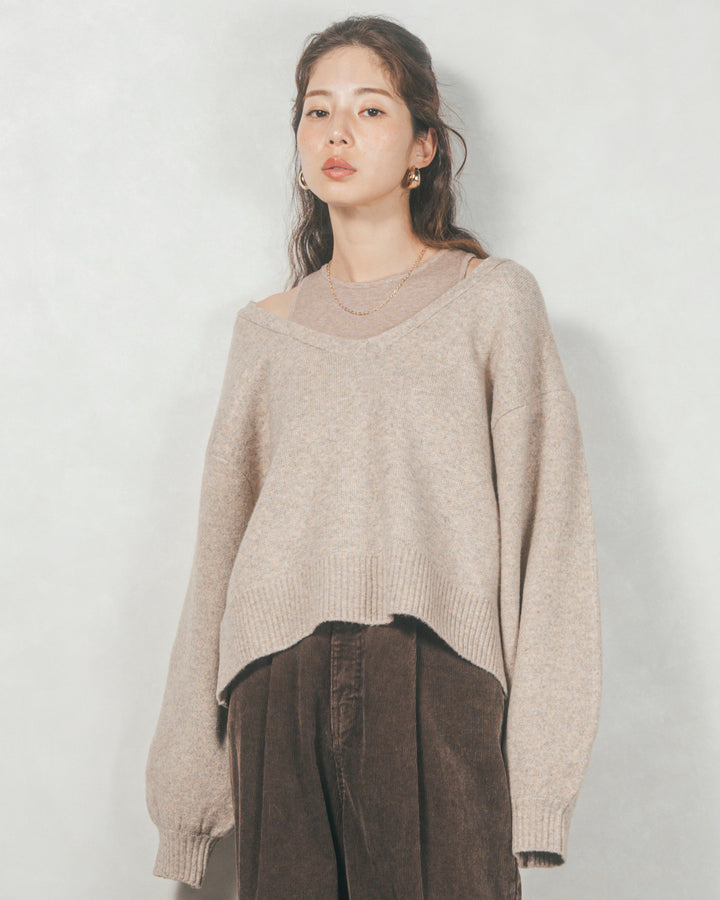 ［SET］メランジVネックニットレイヤードセット+Mellowサテン セミフレアスカート（2SET）