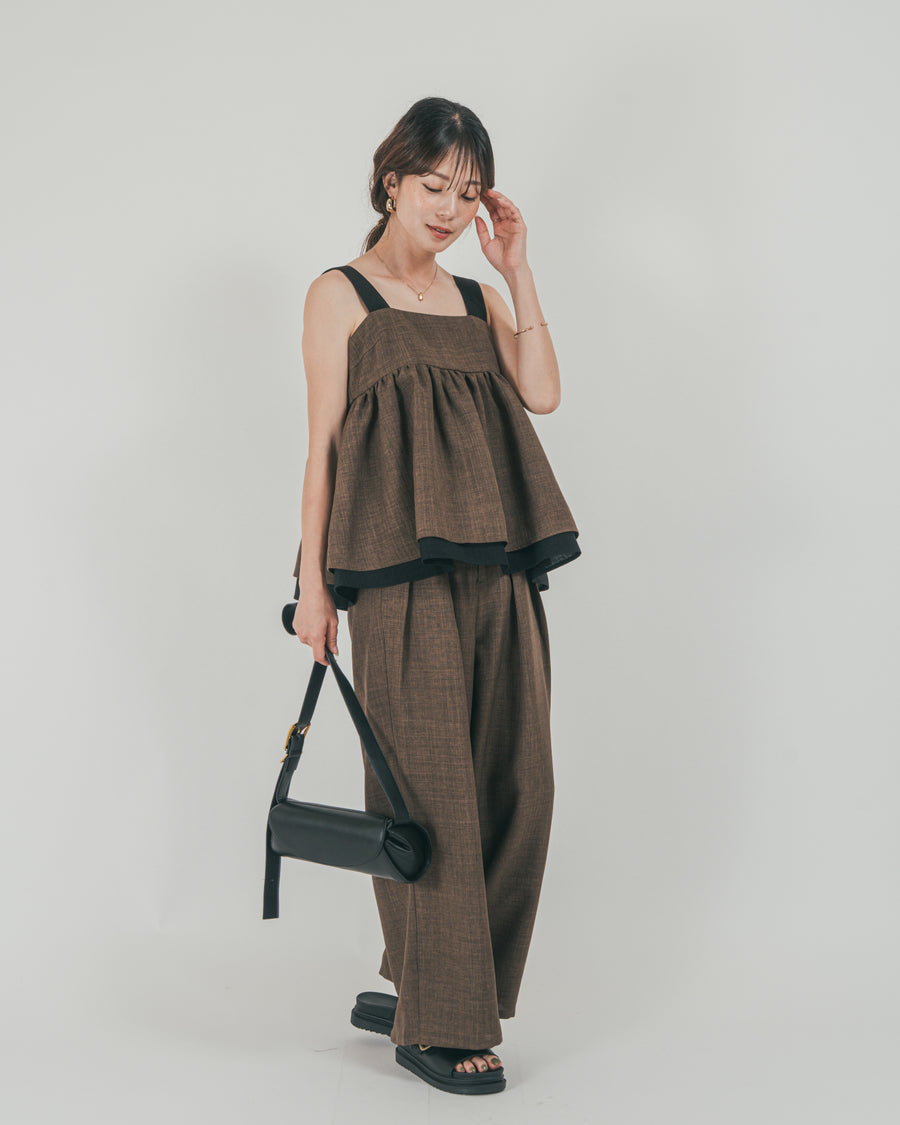 ［SET］スラブTweedバイカラーティアードキャミ + スラブTweedタックワイドパンツ（2SET）