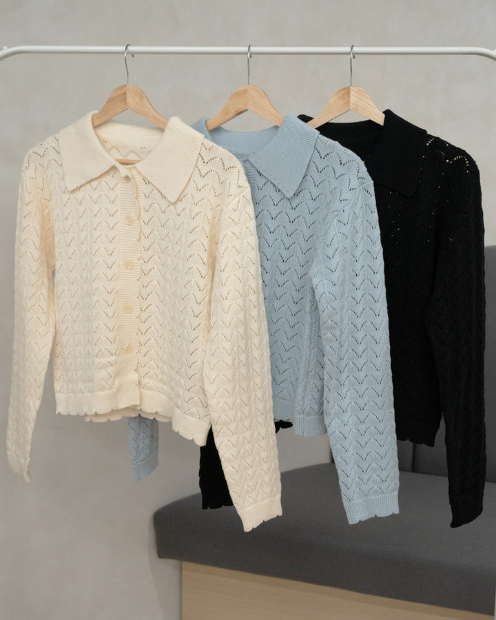 透かし編みニット襟付きカーディガン