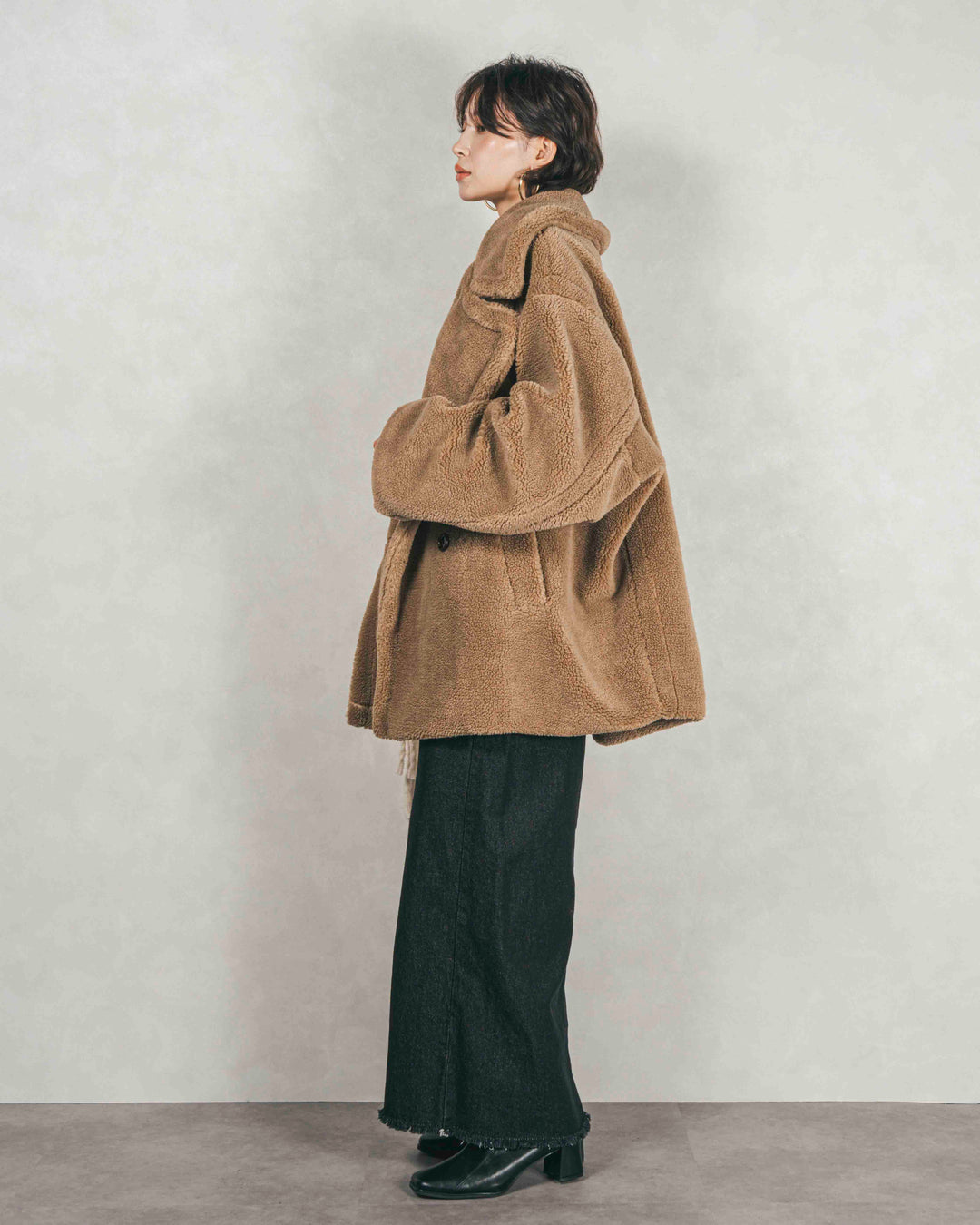 ［SET］テディボア Middleコート+フロントスリット Iラインデニムスカート（2SET）