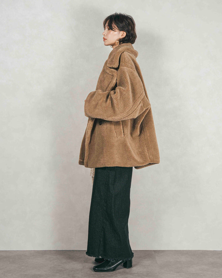 ［SET］テディボア Middleコート+フロントスリット Iラインデニムスカート（2SET）