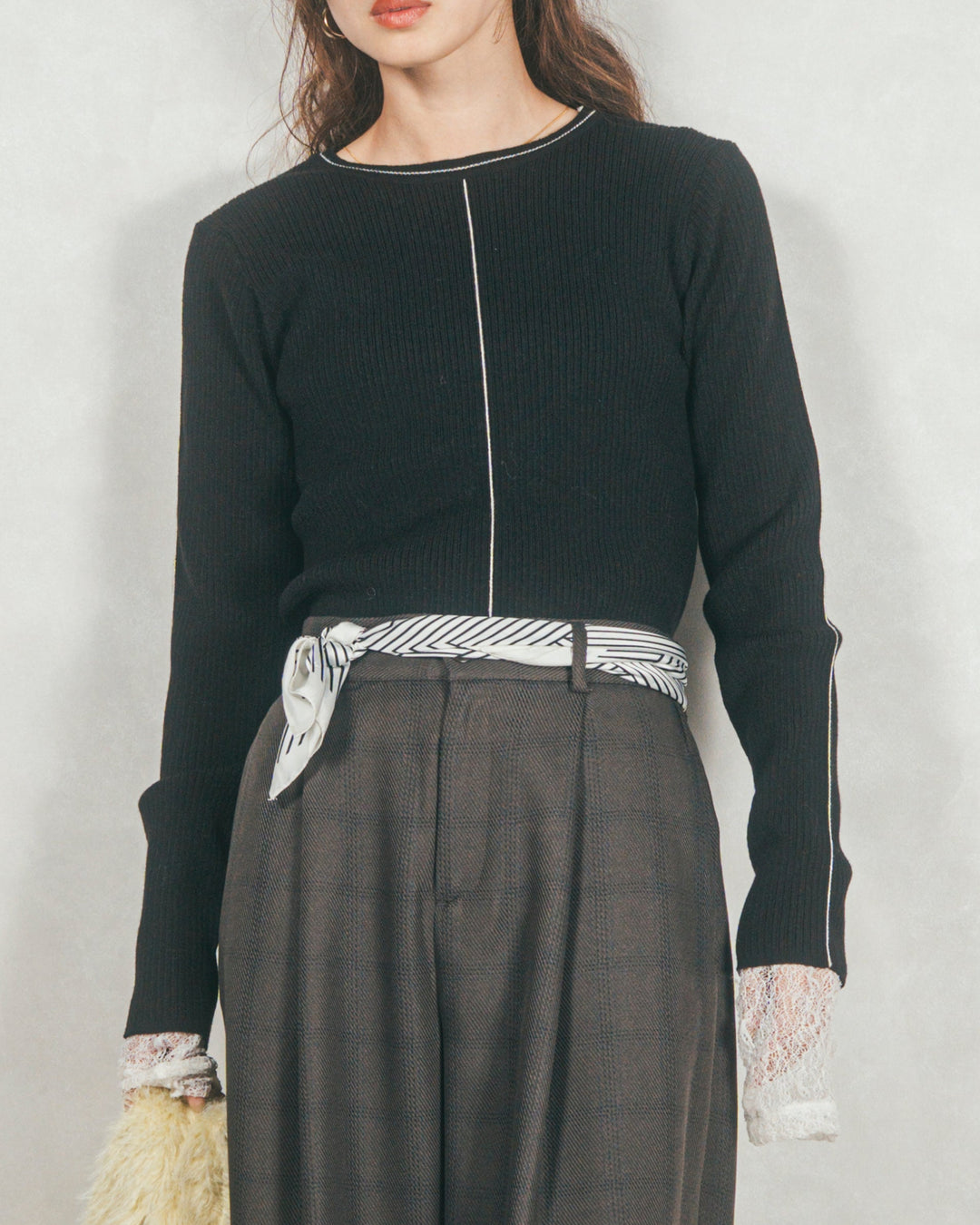 ［SET］Line Rib クルーネックニット+Tweedベロアサロペット（2SET）