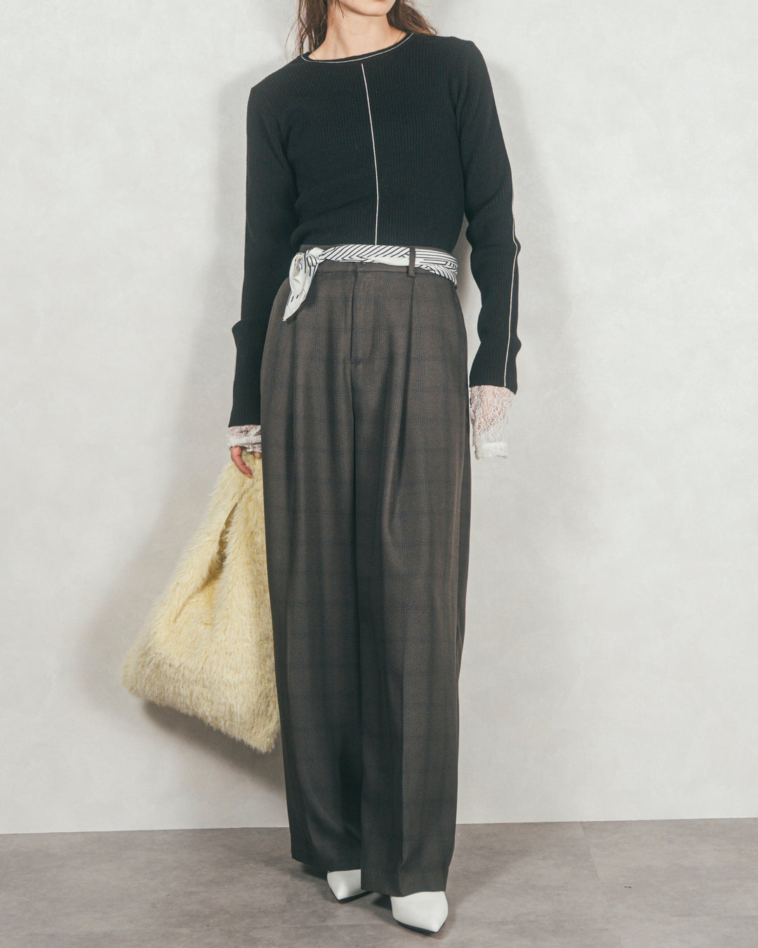 ［SET］Line Rib クルーネックニット+メランジチェックStraightパンツ（2SET）