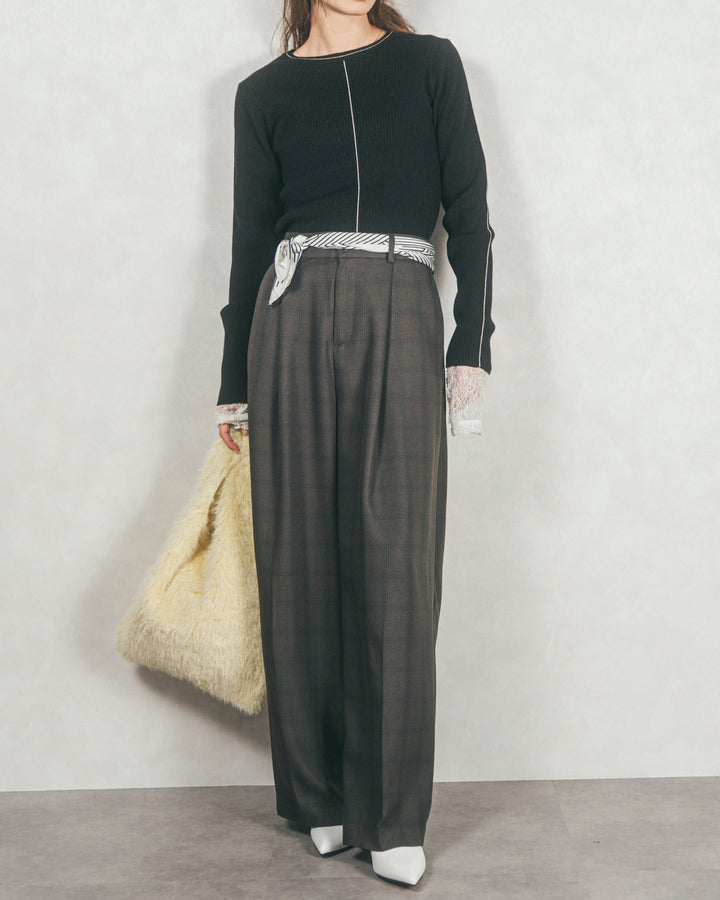 ［SET］Line Rib クルーネックニット+メランジチェックStraightパンツ（2SET）