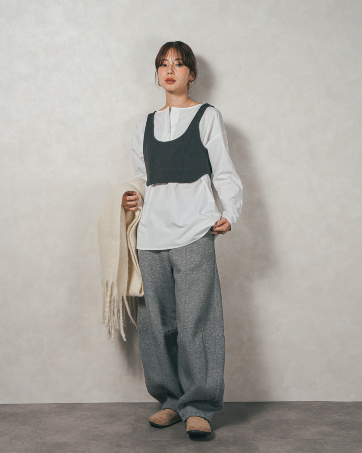 ［SET］カットビスチェxブラウス レイヤードSET+Relax 裏起毛カーブパンツ（2SET）