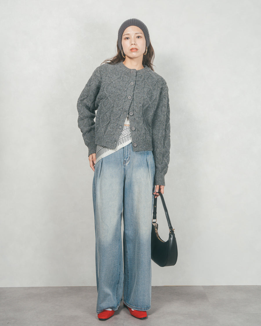 ［SET］ケーブルKnitクルーカーディガン+ワイドTuckイージーデニム（2SET）