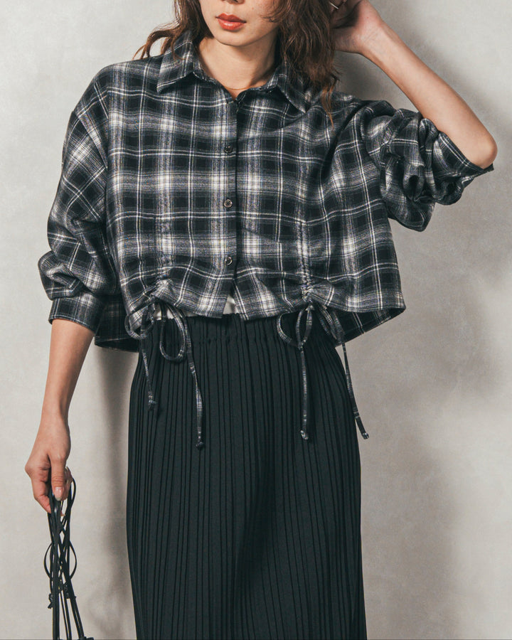 ［SET］裾ドロストクロップドチェックシャツ+プリーツNarrowロングスカート（2SET）