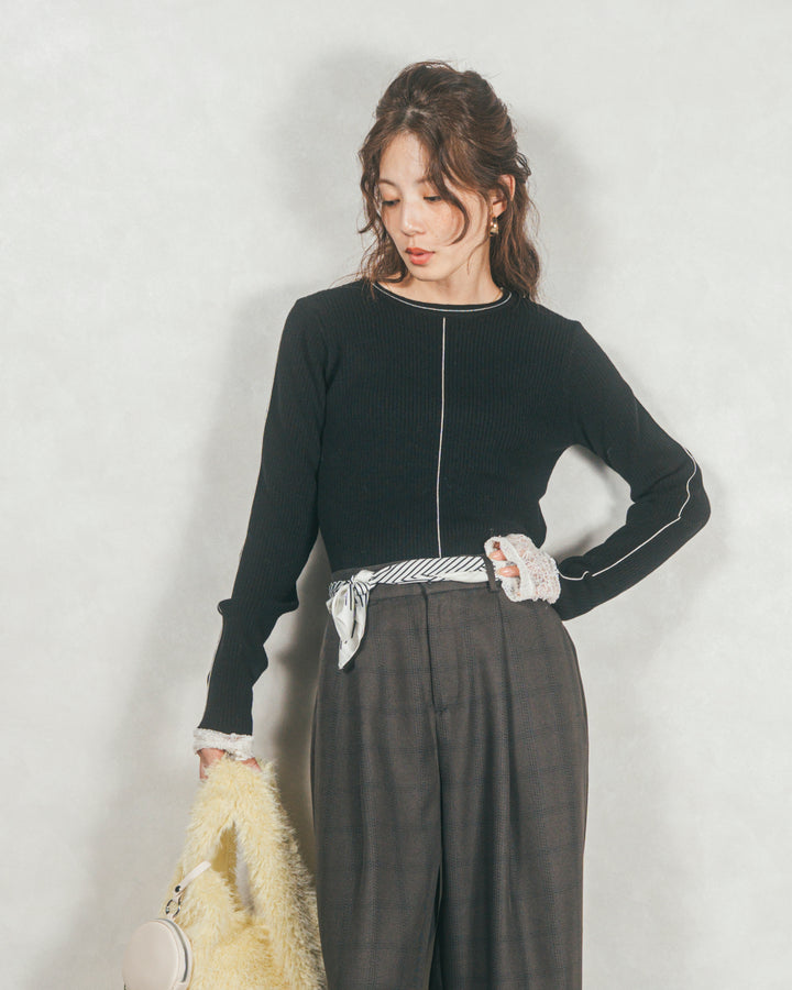 ［SET］Line Rib クルーネックニット+メランジチェックStraightパンツ（2SET）