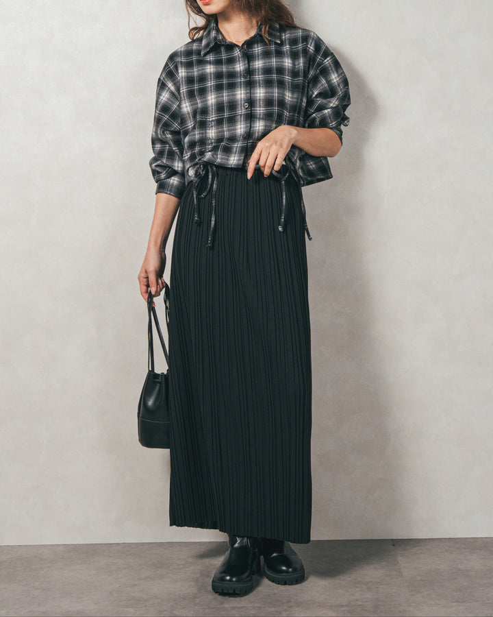 ［SET］裾ドロストクロップドチェックシャツ+プリーツNarrowロングスカート（2SET）