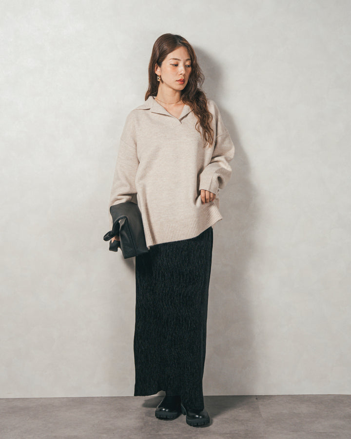 ［SET］サイドスリット襟付きスキッパーニット+ベロアNarrowスカート（2SET）