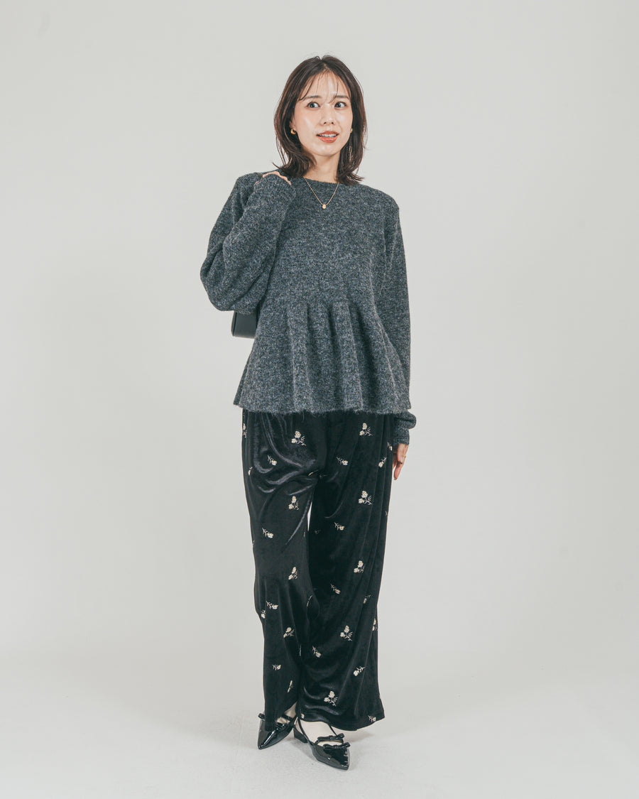 ［SET］モヘア Peplumニット + Flower刺繍 ベロアパンツ（2SET）