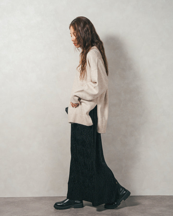 ［SET］サイドスリット襟付きスキッパーニット+ベロアNarrowスカート（2SET）