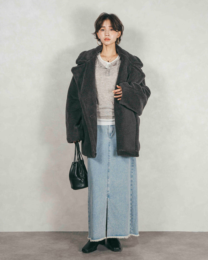 ［SET］テディボア Middleコート+フロントスリット Iラインデニムスカート（2SET）