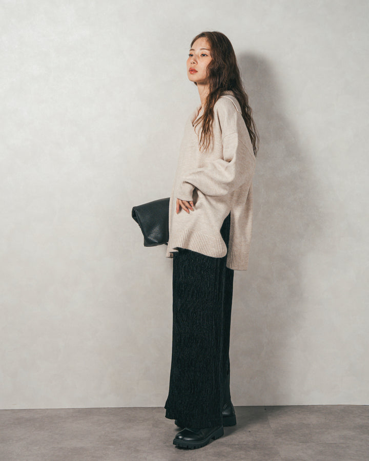 ［SET］サイドスリット襟付きスキッパーニット+ベロアNarrowスカート（2SET）