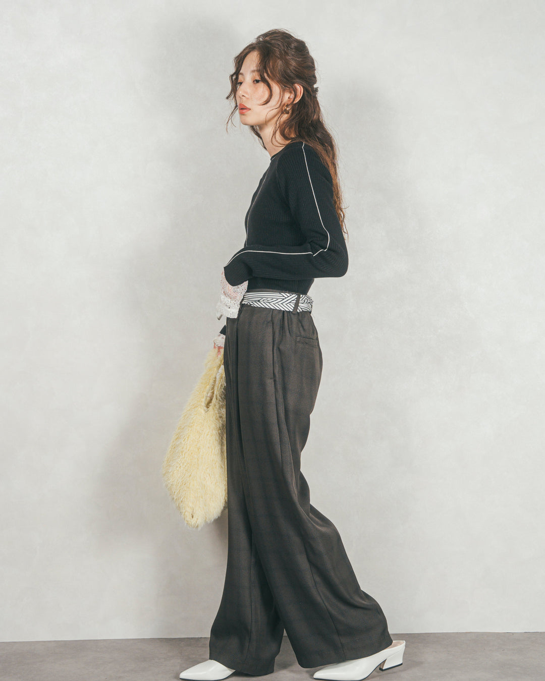 ［SET］Line Rib クルーネックニット+メランジチェックStraightパンツ（2SET）