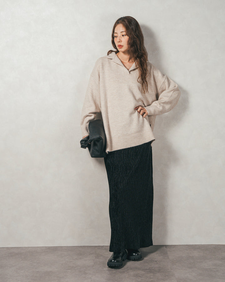 ［SET］サイドスリット襟付きスキッパーニット+ベロアNarrowスカート（2SET）